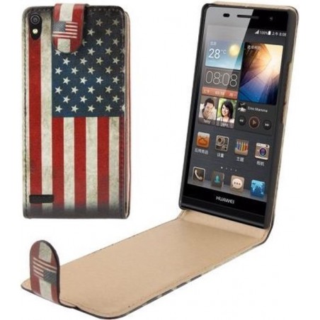 Huawei Ascend P6 - Flip hoes cover case - PU leder - PC - Verticaal - USA Vlag