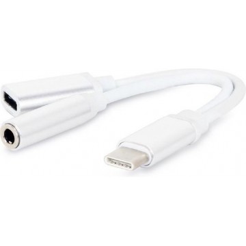 Cablexpert USB-C naar 3,5mm Jack audio adapter met extra USB-C aansluiting / wit - 0,15 meter