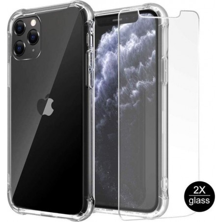 iPhone 11 Hoesje Anti-Shock TPU Siliconen Soft Case + 2X Tempered Glass Screenprotector