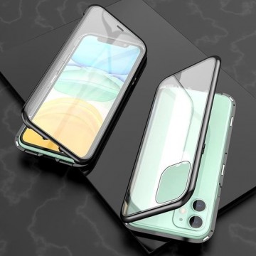 Let op type!! Voor iPhone 11 ultra slanke dubbele zijden magnetische adsorptie hoek frame gehard glas magneet flip case (zwart)