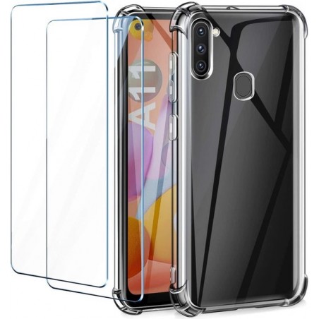 Samsung Galaxy A11 Hoesje - Anti-shock TPU Siliconen Case & 2X Tempered Glas Combi - Transparant