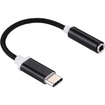 3,5mm Jack female aux naar USB-C (type-c) headset adapter kabel geweven Zwart/Black | 8CM