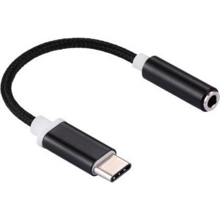 3,5mm Jack female aux naar USB-C (type-c) headset adapter kabel geweven Zwart/Black | 8CM