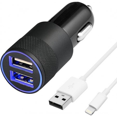 MMOBIEL High Speed Autolader Oplaad Adapter (ZWART) - 2 USB Poorten 2.1A + 1.0A - incl. Lightning Kabel (WIT)