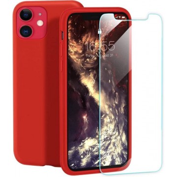 iPhone 12 Hoesje - Siliconen Backcover - Rood + Tempered Glas
