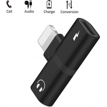 DrPhone Audio Splitter Adapter - 2 Lightning Poorten - Stereo Sound - Opladen + Audio - 2 in 1 - Voor iPhone en iPad - Zwart