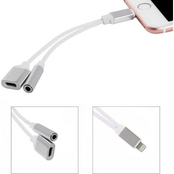 2 in 1 Lightning en 3.5 mm Audio Jack Adapter voor Apple iPhone Zilver