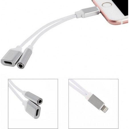 2 in 1 Lightning en 3.5 mm Audio Jack Adapter voor Apple iPhone Zilver