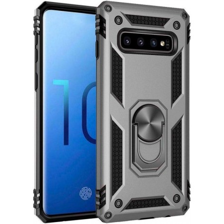 Samsung Galaxy S10 Plus Hoesje - Anti-Shock Hybrid Ring Armor zilver