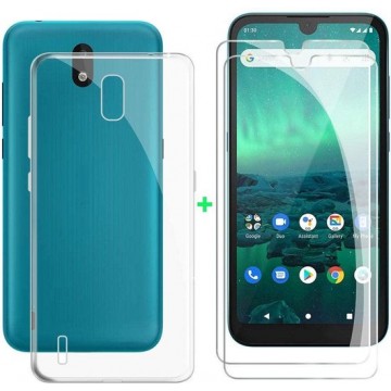 Nokia 1.3 transparant hoesje silicone met 2 Pack Tempered glas Screen Protector