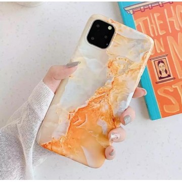 basichoesjes Designer marmer silicone hoesje Iphone 11 -achterkant hoesje -oranje marmer - stenen look
