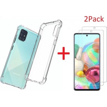 Samsung Galaxy A71 Anti Shock Hoesje TPU Back Cover Met 2pack glazen  Screenprotector - Transparant