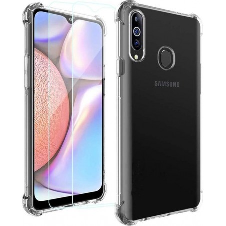 Samsung Galaxy A20S Hoesje - Anti Shock Hybrid Case & 2X Tempered Glas Combi - Transparant