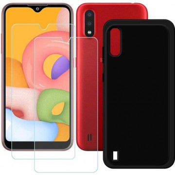 Samsung Galaxy A50 hoesje silicone zwart met 2 Pack Tempered glas Screen Protector