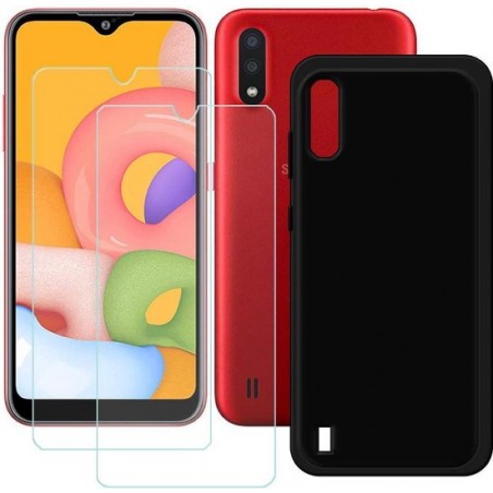 Samsung Galaxy A50 hoesje silicone zwart met 2 Pack Tempered glas Screen Protector