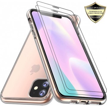 iPhone 11 Hoesje Transparant  TPU Siliconen Soft Case + 2X Tempered Glass Screenprotector