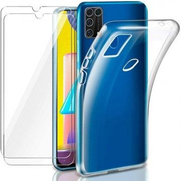 Samsung Galaxy M21  Hoesje - Soft TPU Siliconen Case & 2X Tempered Glas Combi - Transparant