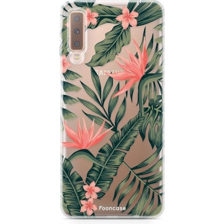 FOONCASE Samsung Galaxy A7 2018 hoesje TPU Soft Case - Back Cover - Tropical Desire / Bladeren / Roze