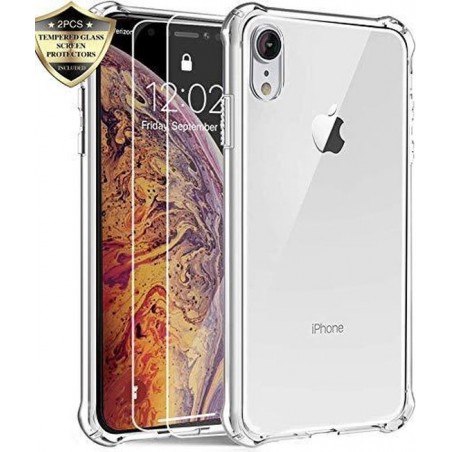 iPhone X / XS Hoesje - Anti Shock Hybrid Case & 2X Tempered Glas Combi - Transparant