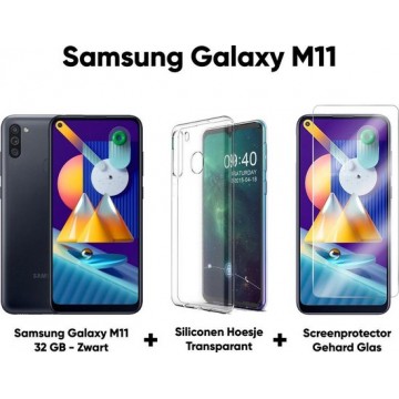 Samsung Galaxy M11 - 32GB - Zwart + Transparant Hoesje + Screenprotector