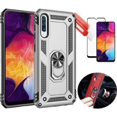 Samsung Galaxy A10 hoesje Schokbestendige ring armor met volledige schermdekking Screenprotector zilver