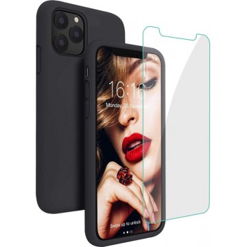 iPhone 12 Pro Hoesje - Siliconen Backcover - Zwart + Tempered Glas