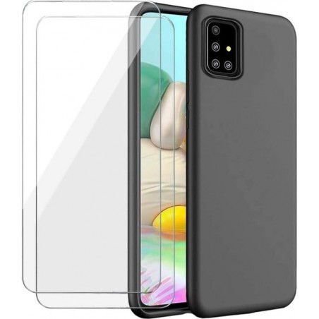 Samsung Galaxy A71 Hoesje - Soft TPU Siliconen Case & 2X Tempered Glas Combi - Zwart