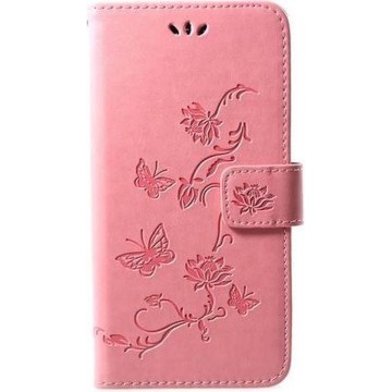 Shop4 - Huawei Y7 2019 Hoesje - Wallet Case Bloemen Vlinder Roze