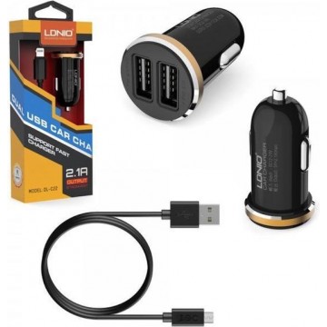 LDNIO C22 Zwart 2 USB Port Autolader 2.1A met 1 Meter USB Kabel geschikt voor o.a iPhone 3G 3GS 4 4S iPod touch 3 4