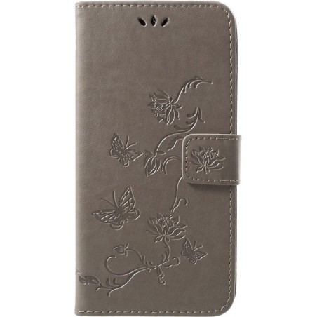 Shop4 - iPhone Xr Hoesje - Wallet Case Bloemen Vlinder Grijs