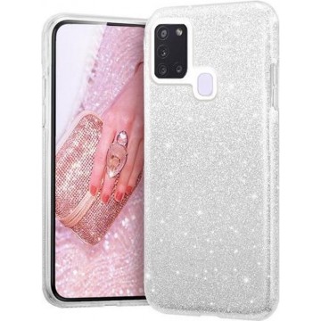 Samsung Galaxy A21S Hoesje Glitters Siliconen TPU Case Zilver - BlingBling Cover