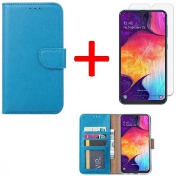 Samsung Galaxy A50 hoesje book case turquoise + tempered glas screenprotector