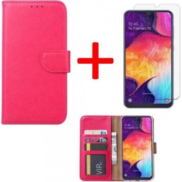 Samsung Galaxy A50 hoesje book case roze + tempered glas screenprotector