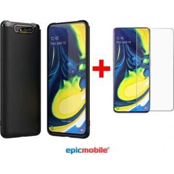Epicmobile - Samsung Galaxy A80/A90 Zwarte silicone hoesje + tempered glass screenprotector – Voordeelbundel