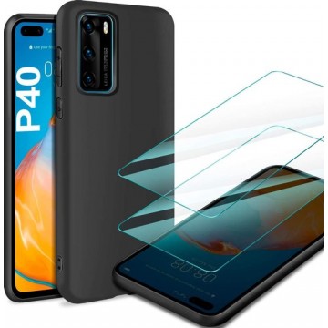 Huawei P40 Pro zwart hoesje silicone met 2 Pack Tempered glas Screen Protector