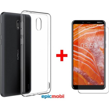 Epicmobile - Nokia 1 Plus Transparant silicone hoesje + Tempered Glass screenprotector – Voordeelpack