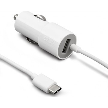 Azuri autolader USB type C -fix cable - met extra USB - 2.4amp - 1.2m - wit