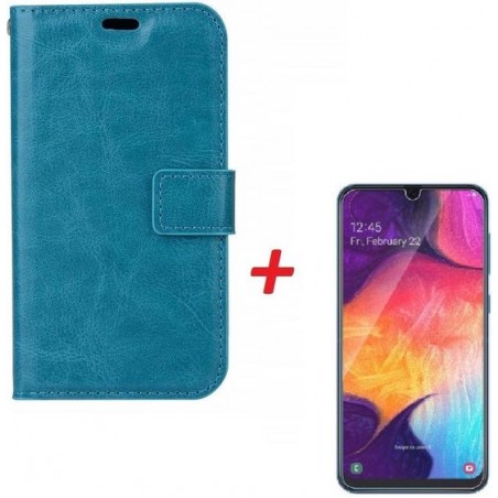 Huawei Y6 2019 Portemonnee hoesje Turquise met Tempered Glas Screen protector