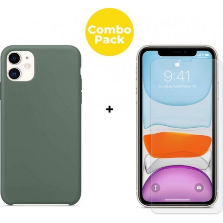 iPhone 11 Telefoonhoesje met Screenprotector | Siliconen Tpu Smartphone Back Cover Dennen Groen | Gehard Beschermglas