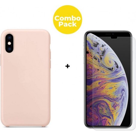 iPhone X en XS Telefoonhoesje met Screenprotector | Siliconen Tpu Smartphone Back Cover Roze | Gehard Beschermglas