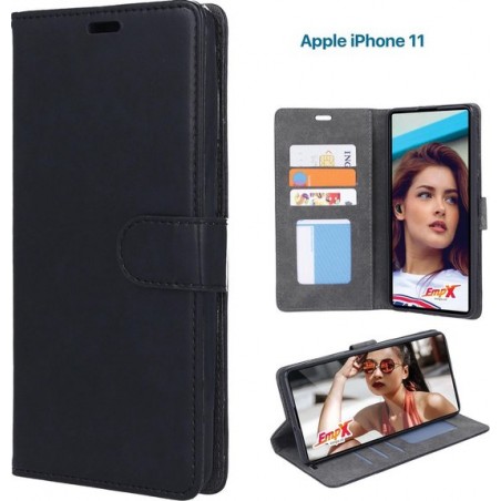 EmpX.nl Apple iPhone 11 TPU/Kunstleer Zwart Boekhoesje | iPhone 11 Bookcase Hoesje | Flip Hoes Wallet