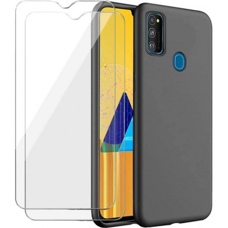 Samsung Galaxy M21  Hoesje - Soft TPU Siliconen Case & 2X Tempered Glas Combi - Zwart