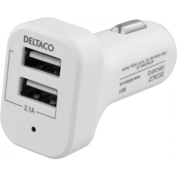 DELTACO USB-CAR121 – Autolader met 2xUSB-A, 12-24V, 2.1A 10W - wit