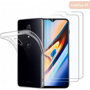OnePlus 6T Hoesje Transparant TPU Siliconen Soft Case + 2X Tempered Glass Screenprotector