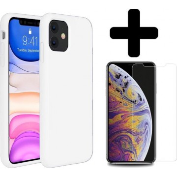iPhone 11 Hoesje Siliconen Cover Wit + Screenprotector Gehard Glas