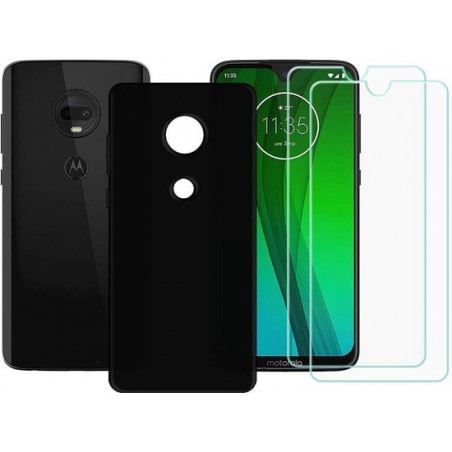 Motorola Moto G7 Power Hoesje Zwart TPU Siliconen Soft Case + 2X Tempered Glass Screenprotector