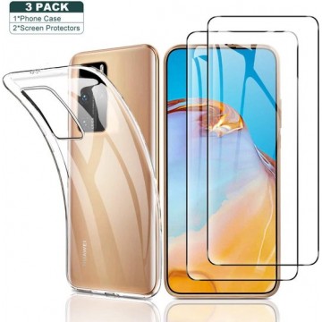 Huawei P40 Pro transparant hoesje silicone met 2 Pack Tempered glas Screen Protector