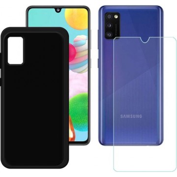 Samsung Galaxy A41 hoesje silicone zwart met 2 Pack Tempered glas Screen Protector