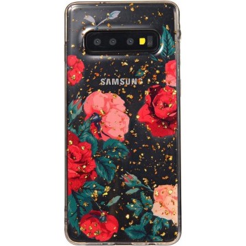 Shop4 - Samsung Galaxy S10 Plus Hoesje - Zachte Back Case Rozen en Goud Flakes Rood