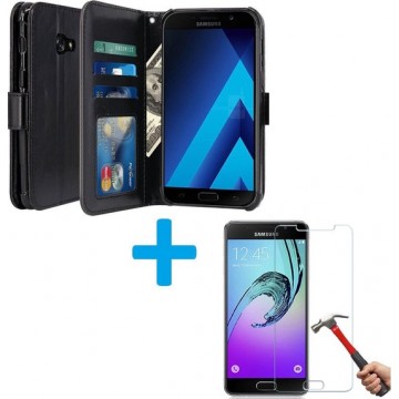 Cyclone Pack Box Samsung Galaxy A3 2017 Book PU lederen Portemonnee hoesje Book case zwart met Glazen screenprotector